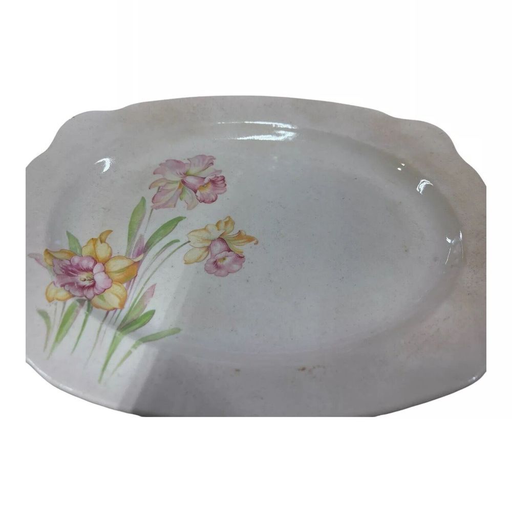 Vintage Regina Oval Serving Platter 11"x8.5"‎ Pink Yellow Daffodils